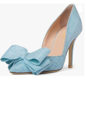XYD Blue Pointed Closed Toe Slip On Pumps Oversized Bows Stiletto High Heel Shoe
